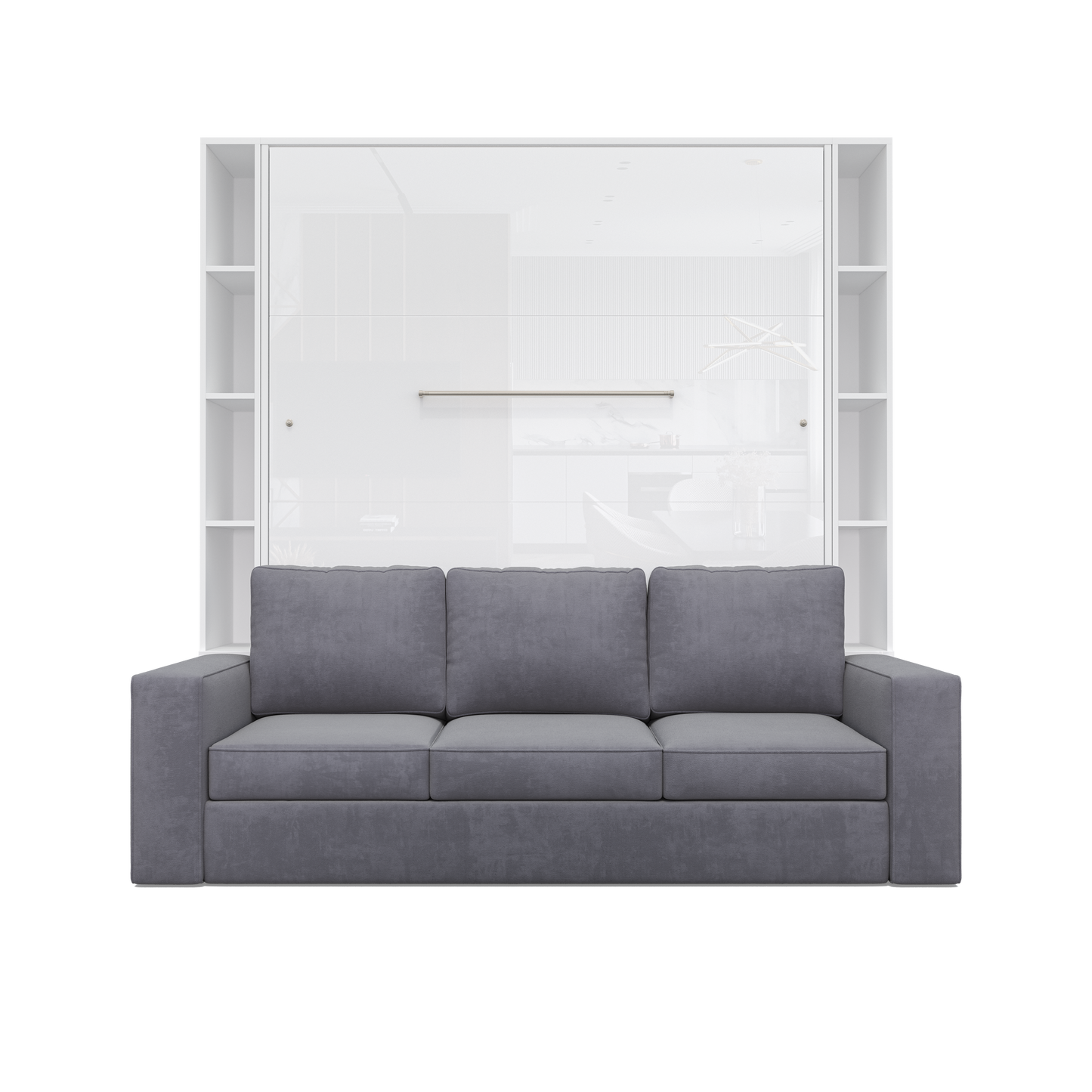 Vertical European Queen size Murphy Bed Invento with a Sofa and two Cabinets